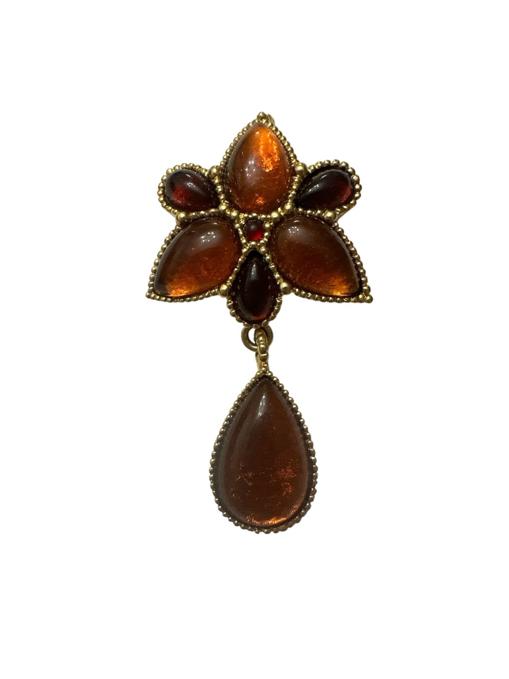 Amber Teardrop Floral Dangle pendant/brooch - Brown Amber Tone